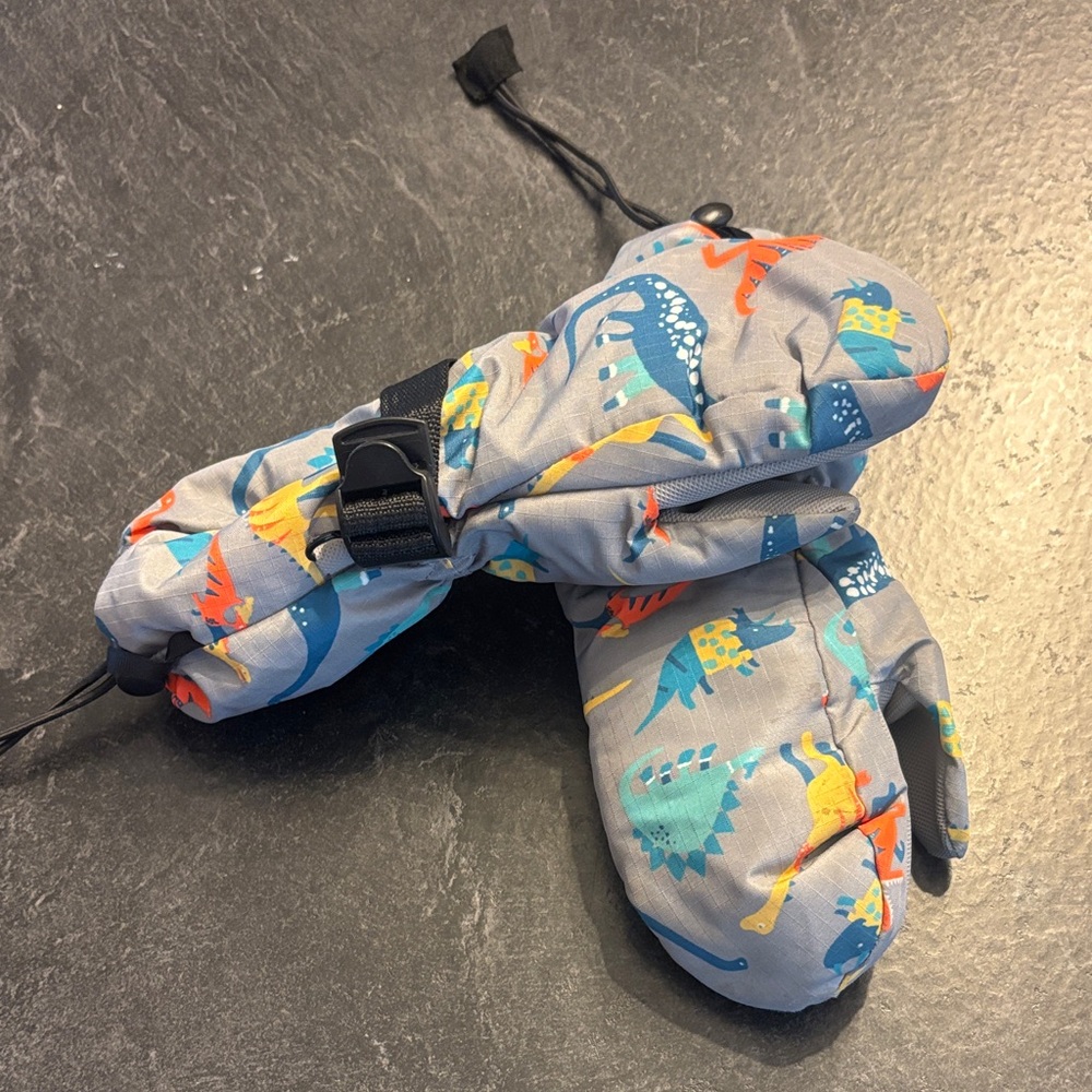 Kids Dinosaur Print Mittens - Gray